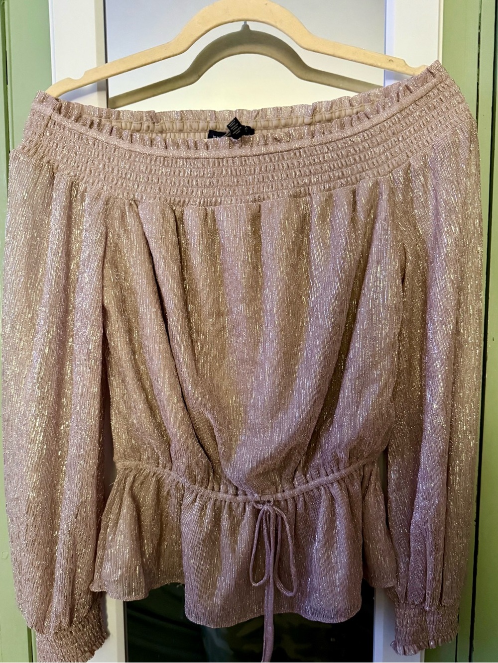 BNWT!! WHBM Shimmering Gold Off-Shoulder Drawstring Waist Top - Size XS
